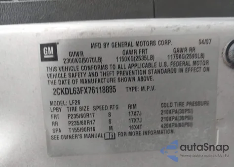 2007 Pontiac Torrent z USA, uszkodzony, nr VIN 2CKDL63FX76118885